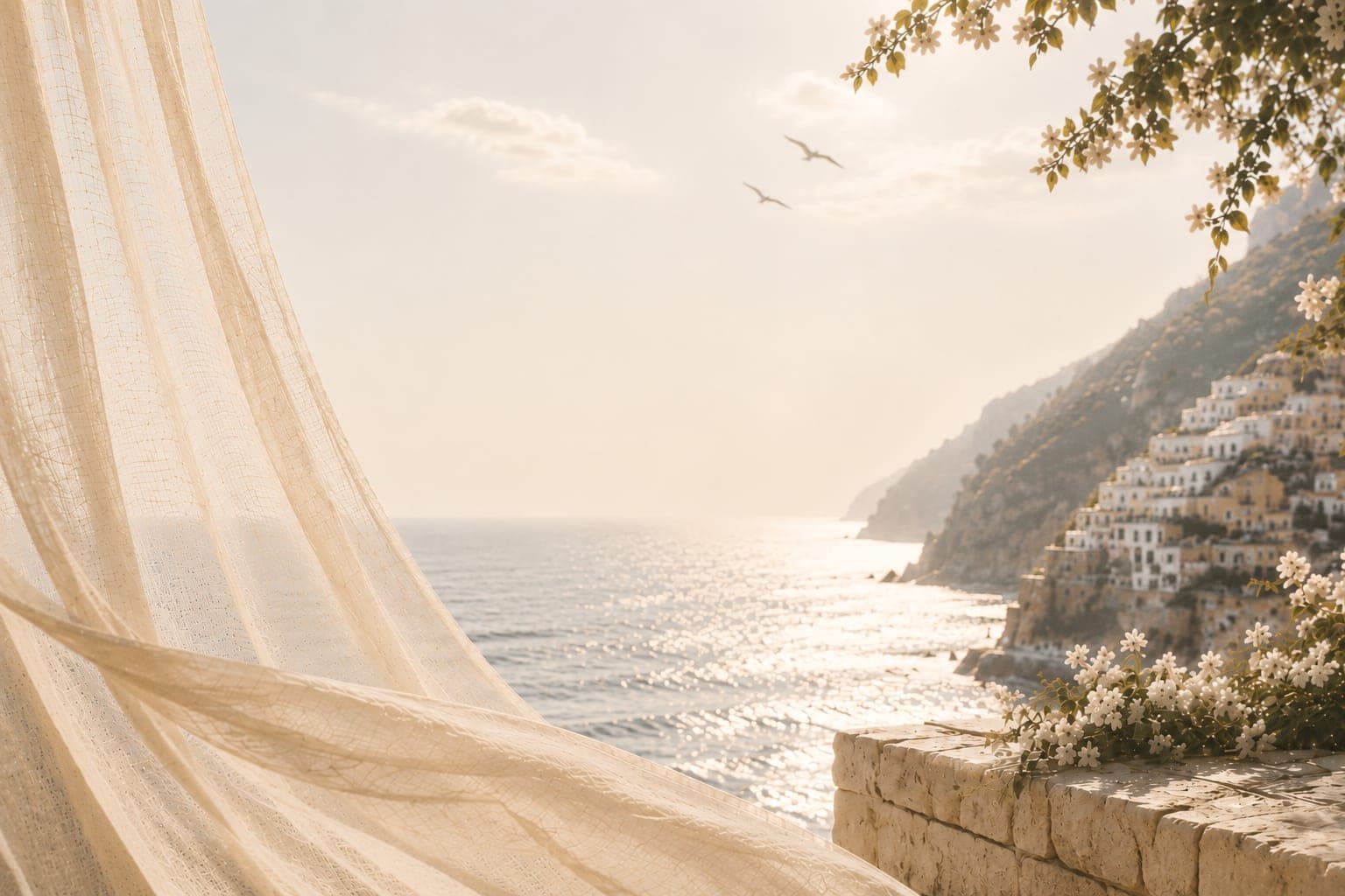 A sheer curtain lifting over a sunlit Mediterranean coastline