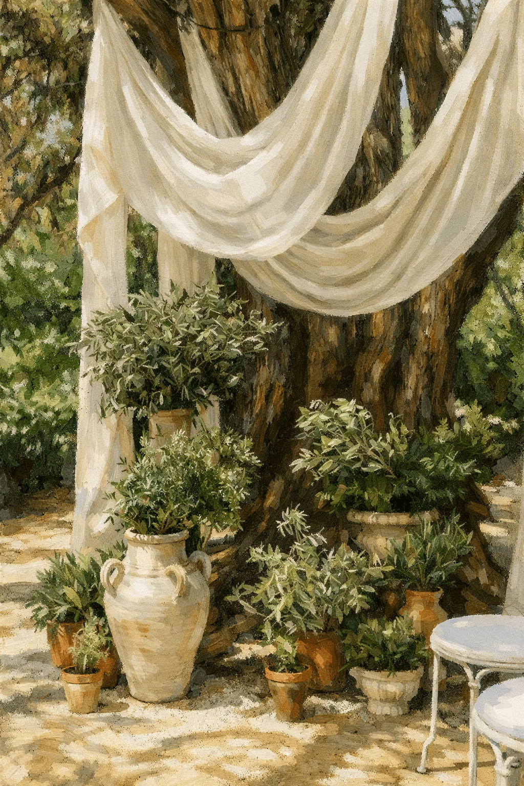 Ivory linen draped from an ancient olive tree